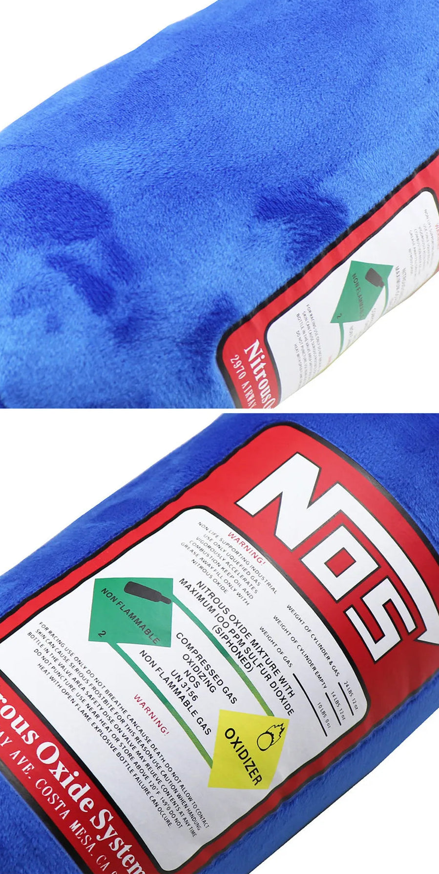 Blue and red NOS tank cover with label on a white background