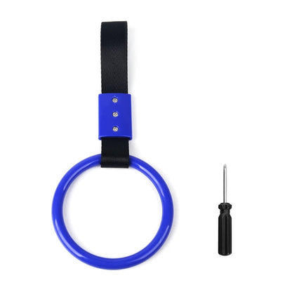 Blue ring with black strap and screwdriver on a white background