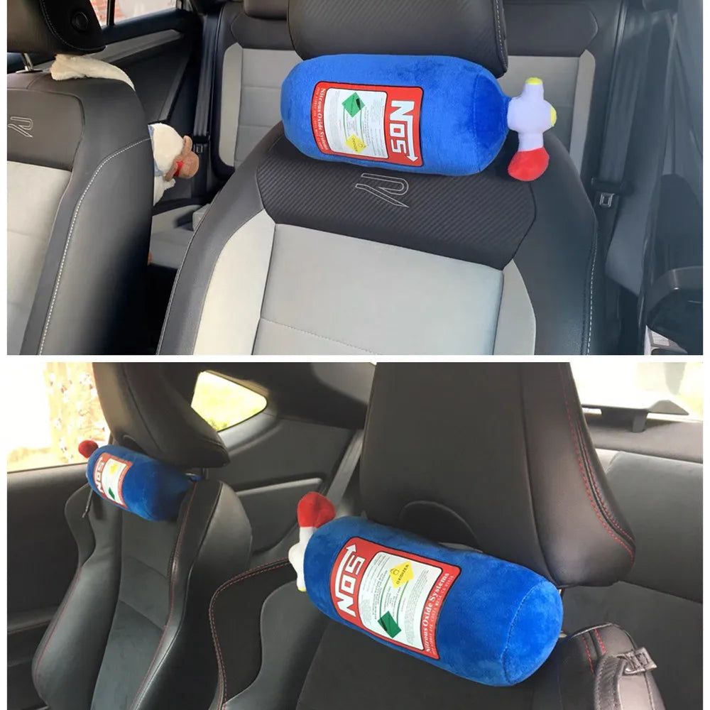 Car seat with a novelty bottle-shaped headrest cover and a small bottle attached, placed in various positions.