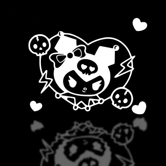 Black and white illustration of a cartoon character kuromi with hearts and skulls on a black background