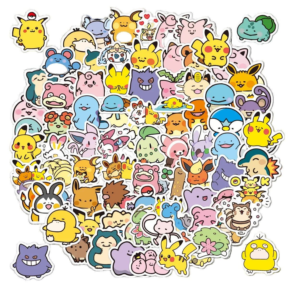 Collection of colorful cartoon pokemon characters stickers arranged in a circular pattern on a white background