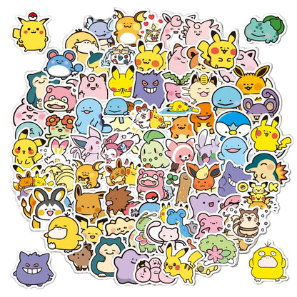 Collection of colorful cartoon pokemon characters stickers arranged in a circular pattern on a white background