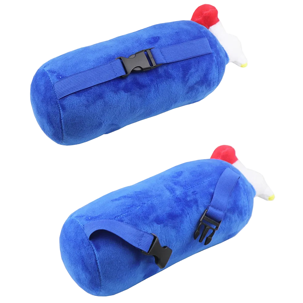 Two blue cylindrical pillows with black straps and red and white accents on a white background