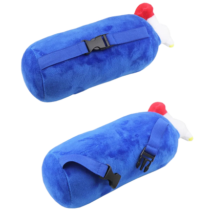 Two blue cylindrical pillows with black straps and red and white accents on a white background