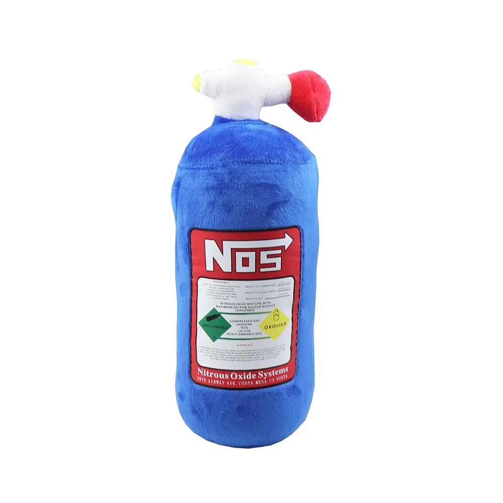 Blue plush toy shaped like a NOS bottle with measurements on a white background