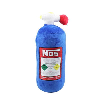 Blue plush toy shaped like a NOS bottle with measurements on a white background
