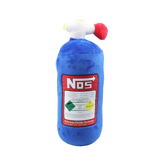 Blue plush toy shaped like a NOS bottle with measurements on a white background