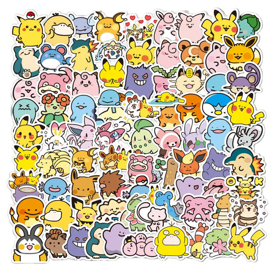 Collection of colorful cartoon pokemon  stickers featuring various animal characters on a white background.