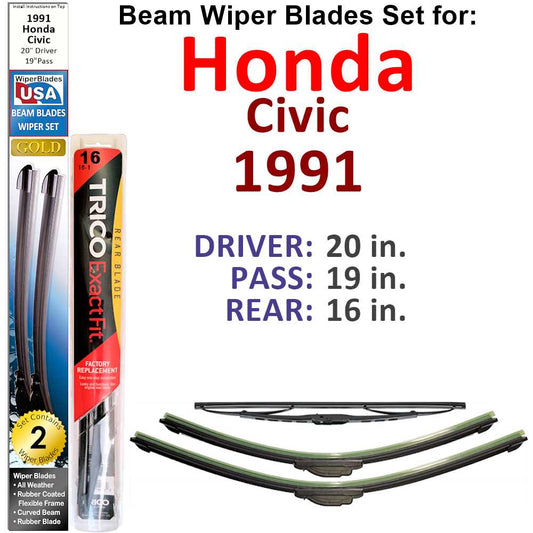 Beam Wiper Blades for 1991 Honda Civic (Set of 3)